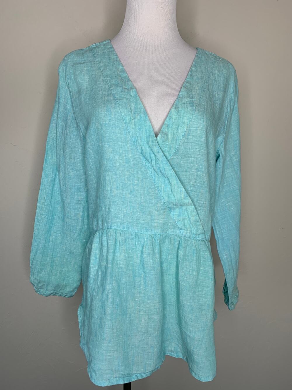 100% Linen Tunic Turquoise Blue Faux Wrap Sz Small Oversized Coastal